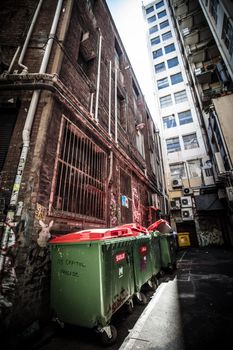 Melbourne, Australia - October 31, 2021: Street art and graffiti in Presgrave Place, near Collins St in Melbourne CBD on a spring morning in Victoria, Australia