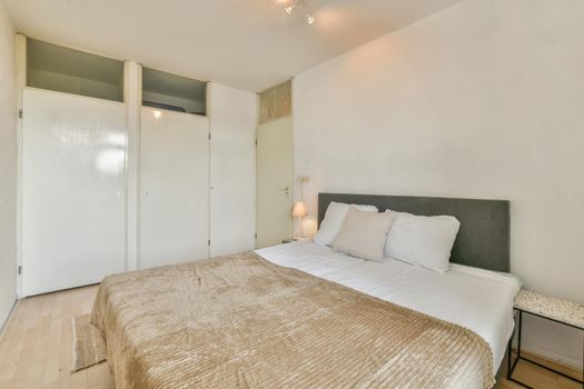 Large delightful bedroom with soft bed and parquet floor