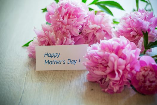 several branches of blooming pink peonies on a wooden background