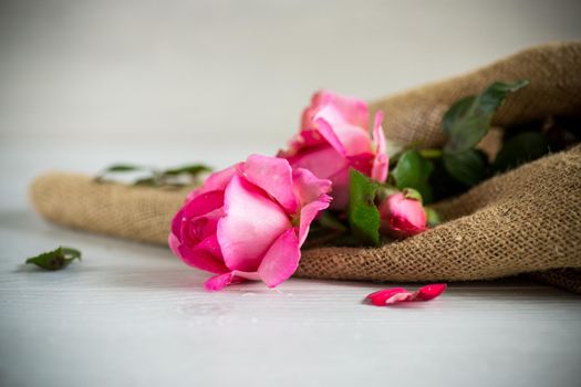 pink beautiful summer roses on a light wooden table