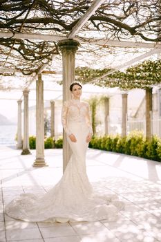 Bride in a mermaid dress stands near a column in an old patio entwined with a vine. High quality photo