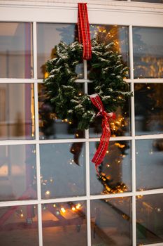 Christmas front door of a country house background. Winter holidays concept.