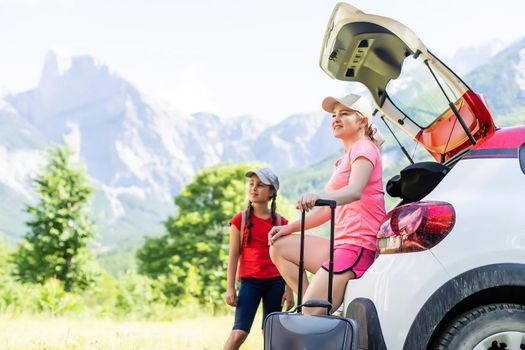 Traveling mother and daughter in the mountains of albania.