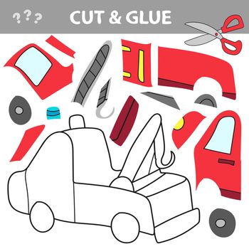 Cut and glue - Simple game for kids. Wrecker truck. Repair transport. Education paper game for preshool children. Vector illustration.