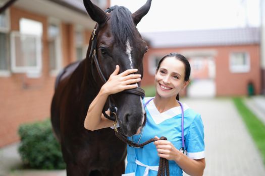 Beautiful woman, veterinarian stroking a horse, close up. Qualified friendly employee of the veterinary clinic