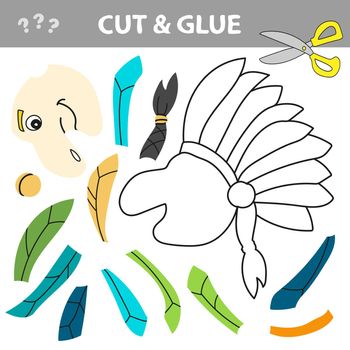 Cut and glue - Simple game for kids. Native Indian man with feather headdress. Education paper game for preshool children. Vector illustration.