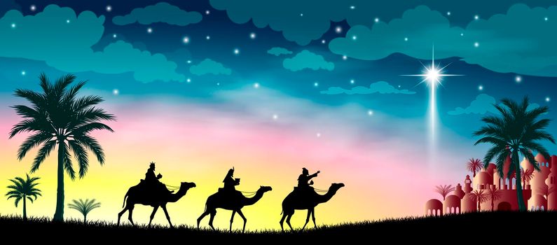 Three wise men against the background of the star of Bethlehem. Their journey with gifts to Bethlehem. Biblical scene on the eve of the birth of Jesus. Christmas.