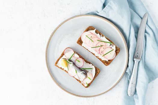 Savory smorrebrod, two traditional Danish sandwiches. Black rye bread with anchovy, radish, eggs, cream cheese on a grey plate on white stone table, copy space