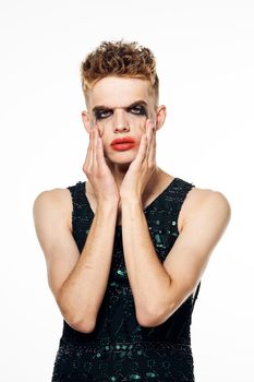 male transgender female makeup fashion posing studio. High quality photo