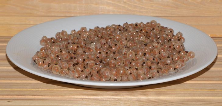 White currant in plate on wooden background.