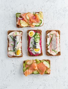 Savory fish smorrebrod, set of five traditional Danish sandwiches. Black rye bread with anchovy, beetroot, radish, eggs, salmon, cream cheese, cucumber, avocado on a grey white stone table, top view