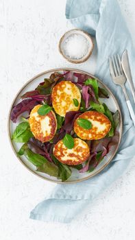 Cyprus fried halloumi with salad mix, beet tops. Lchf, pegan, fodmap, paleo, scd, keto, ketogenic diet. Balanced food, clean eating recipe. Top view, a white background, vertical