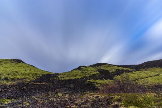 Long exposure with clouds over the volcano crater in Iceland