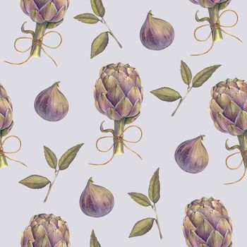 Fruit and vegetable seamless pattern. Artichoke, fig and branch watercolor high quality hand drawing pattern. Botanical pattern wallpaper.