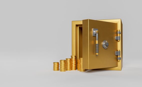open golden safe with lots of coins next to it. concept of banking, savings, success and security. copy space. 3d rendering