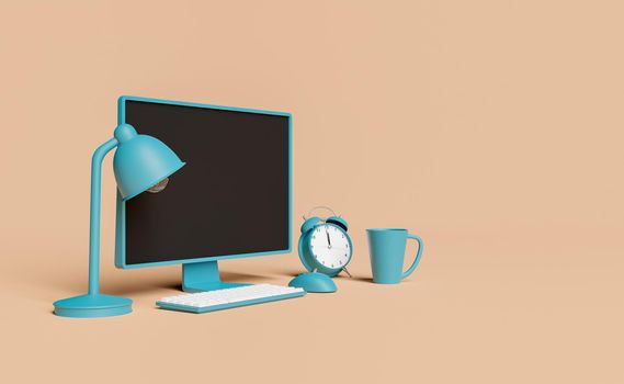 minimalistic scene of a Computer Screen with clock, lamp and coffee cup. concept of studying, online education, working, learning and working at home. 3d rendering
