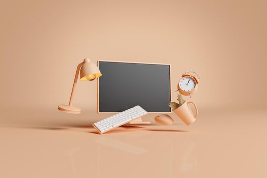 Computer Screen with keyboard, clock, lamp, mouse and coffee floating in the air. concept of study, online education, computer, work and stress. 3d rendering