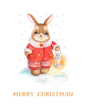 Christmas greeting card with bunny in santa claus style. Cartoon character bunny with a lantern in the snow. Watercolor hand drawing for use on postcards, covers, candy wrappers, etc. Merry christmas