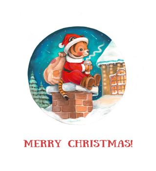 Santa Claus tiger cub sits on the roof with a bag of gifts. Christmas snow globe. Merry christmas illustration hand drawing. Design for greeting cards, labels, etc.