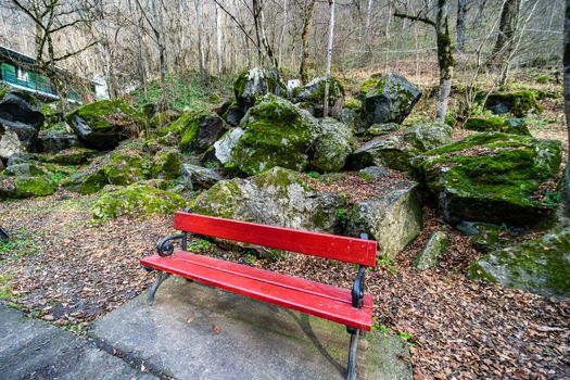 Famous park in city-resort with park bench and mineral water springs Borjomi, in the mountains of Georgia