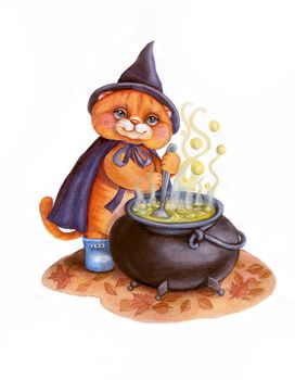 The wizard cat brews a magic potion. Puss in boots, sorcerer's hat and cloak. Watercolor hand drawing illustration for use for prints, book covers, children's stories and more.