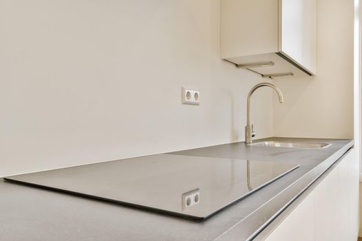 Stylish modern electric stove with sink in the background