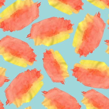 Seamless Pattern with Red and Yellow Watercolor Spots. Hand Drawn Blobs on Blue Background.