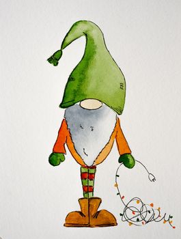 Christmas card with artistic dwarf, Santa Claus helper, in green hat holding New Year lights painted with watercolor. Xmas festive art drawn with aquarelle