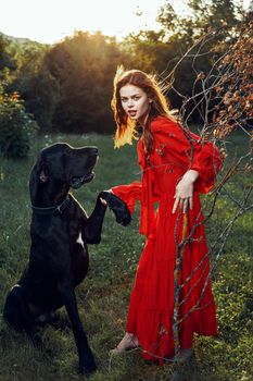 cute woman in red dress playing with dog outdoors friendship. High quality photo