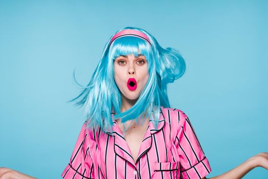 beautiful woman blue wig glamor bright makeup fun. High quality photo