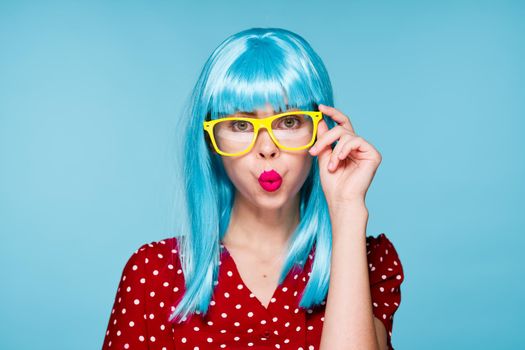 cheerful woman purple hair yellow glasses fashion glamor. High quality photo