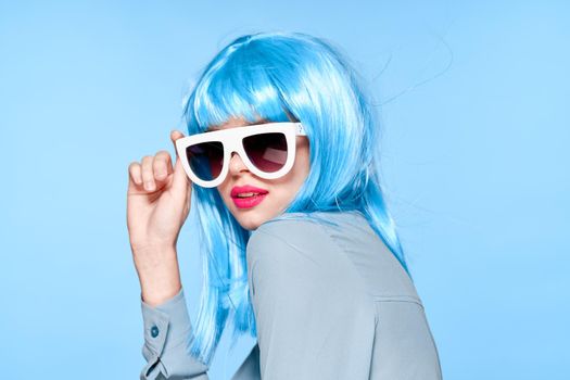fashionable woman cultural wig sunglasses posing model. High quality photo