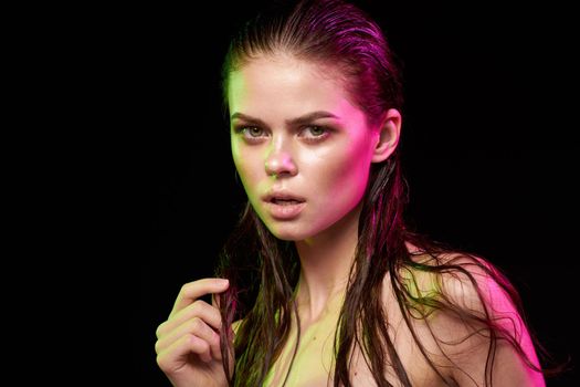 woman model attractive glance posing luxury dark background. High quality photo
