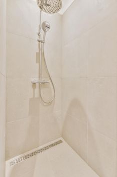 Modern shower stall in a bright bathroom