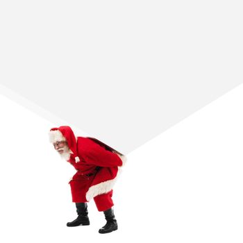 Santa Claus carrying large white gift box on his back isolated on white , big background with copy space for text banner sign