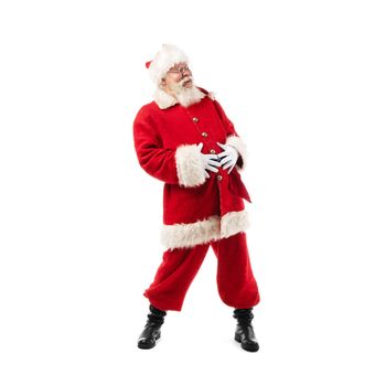 Santa Claus Portrait laughing with hands on belly ho ho ho Chrtistmas time, full length portrait isolated on white background