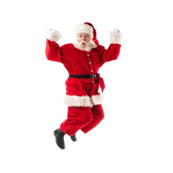 Santa Claus jumping, full length portrait isolated on white background