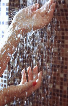 Hands of woman in shower under the flowing water