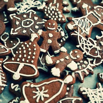 Christmas sweets. Beautiful hand decorated traditional Czech Christmas gingerbread cookies with icing.