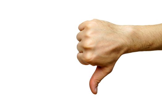 Fist with finger at the bottom, the hand of a white adult male on a white isolated background. Hand isolated background communication symbol arm giving blank, holding Group gesturing, greeting
