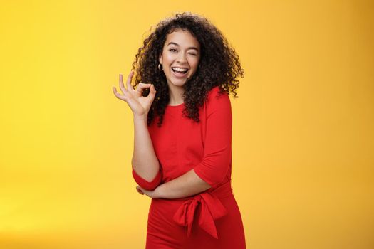 Girl feeling awesome. Friendly-looking excited and upbeat charming girlfriend with curly hair in dress winking playfully and smiling as showing okay gesture having deal and things under control. Body language and facial expressions concept