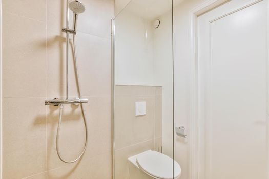 An elegant cozy shower tall with a toilet in the background