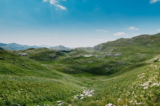 Mountain valley during sunrise. Natural summer landscape. Mountain peak green nature scenery. trail on green hill landscape