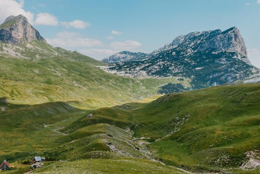 Mountain valley during sunrise. Natural summer landscape. Mountain peak green nature scenery. trail on green hill landscape