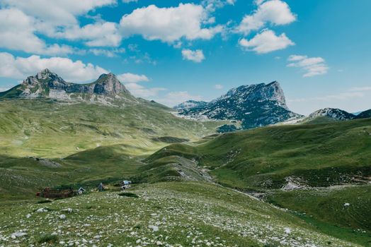 The mountain pass Sedlo is in the north of Montenegro. Fantastic green view of Saddle mountain, Durmitor massive, Montenegroю