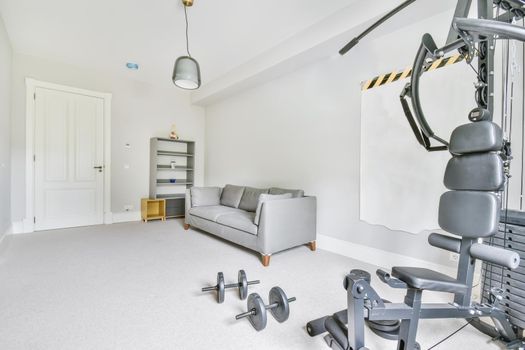 A room with a gray soft sofa and an exercise machine