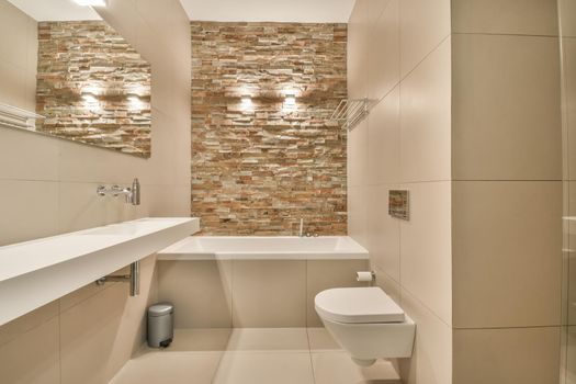 Luxury interior design of a bathroom with marble walls