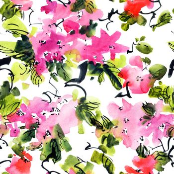 Watercolor seamless pattern - blossom sakura flowers and leaves. Oriental traditional painting in style sumi-e, u-sin and gohua.