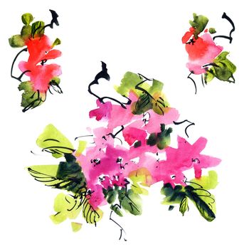 Watercolor and ink illustration of blossom sakura - twig with pink flowers and buds. Oriental traditional painting in style sumi-e, u-sin and gohua.