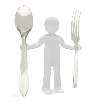 Little man holds a huge fork and spoon